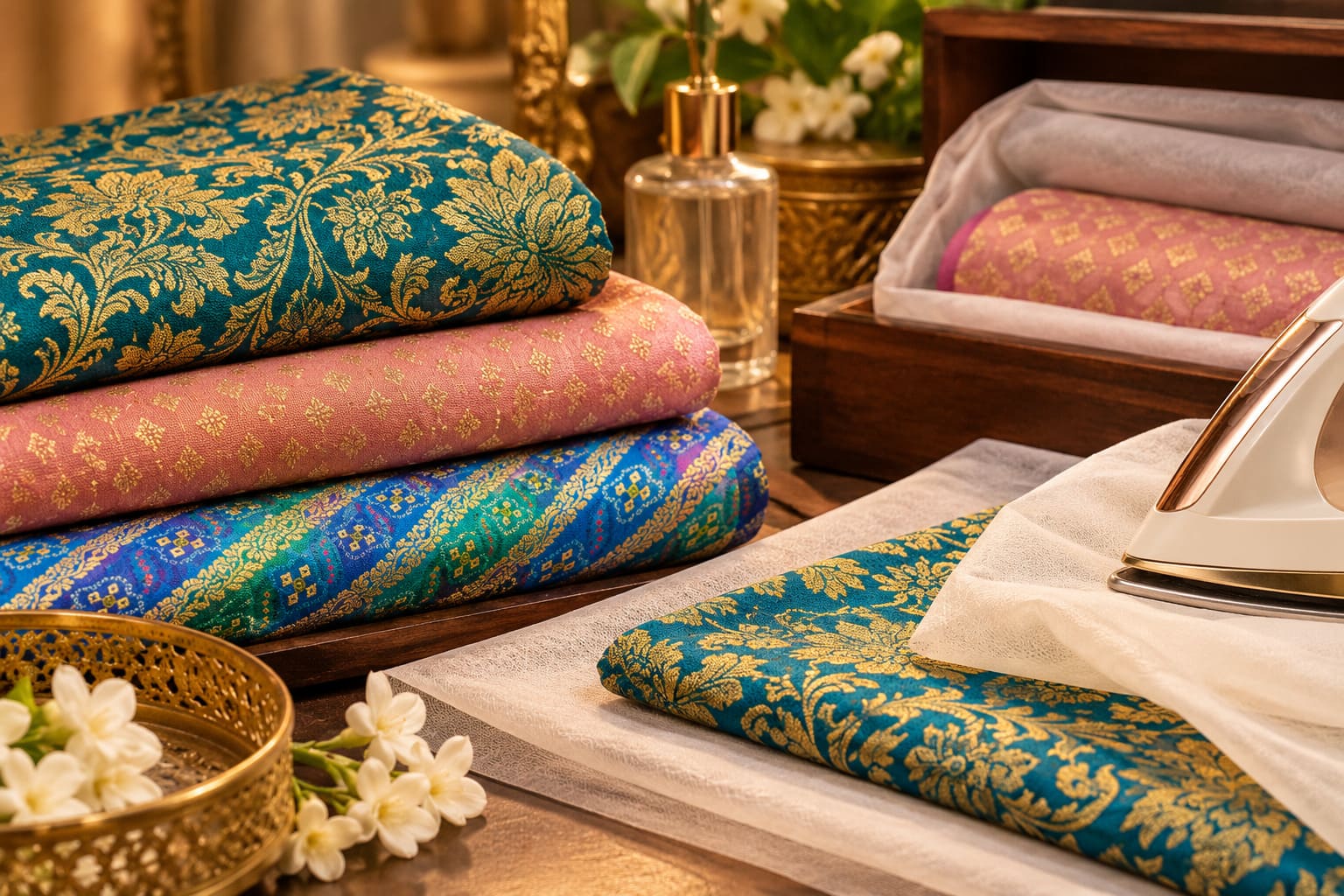 Brocade fabric folded with care essentials, showing how to store and care for zari fabric